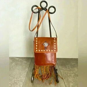 Vintage Montana Silversmith Fringed Crossbody Leather Bag Cross Studded